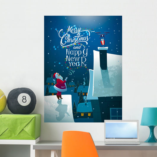 Santa on the roof. Dron with gift. Wall Mural