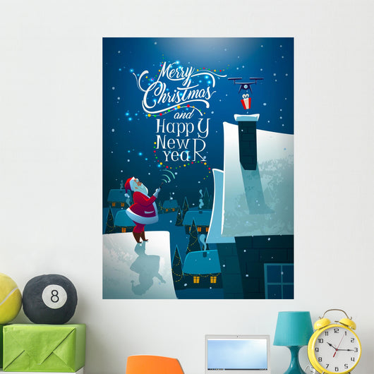 Santa on the roof. Dron with gift. Wall Mural