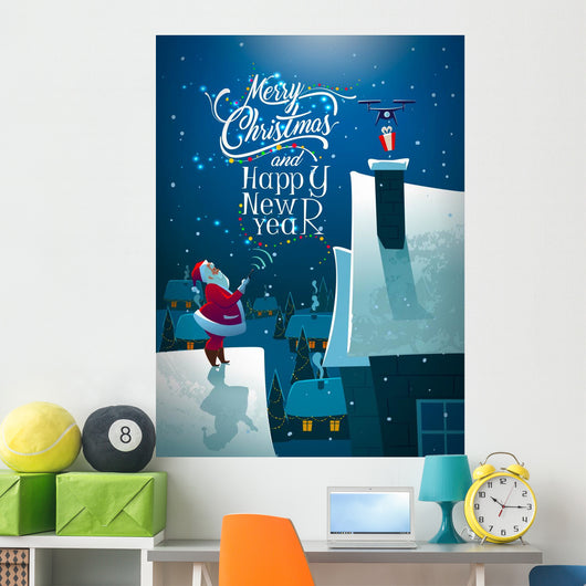 Santa on the roof. Dron with gift. Wall Mural