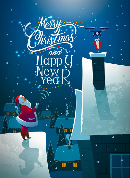 Santa on the roof. Dron with gift. Wall Mural
