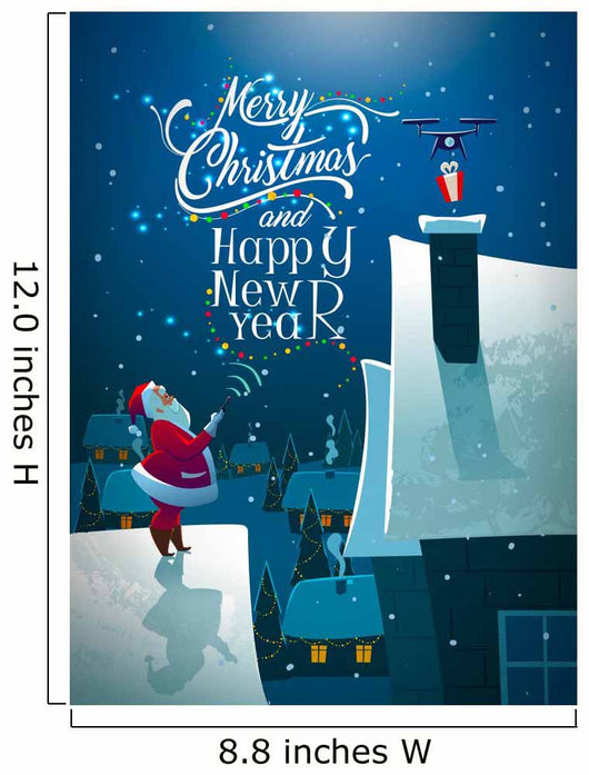 Santa on the roof. Dron with gift. Wall Mural