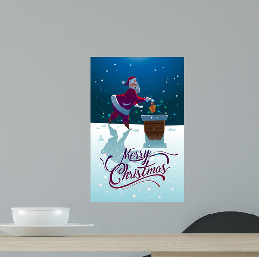 Santa with gift on the roof. Merry Christmas Wall Mural