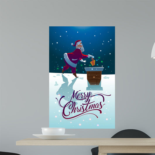 Santa with gift on the roof. Merry Christmas Wall Mural