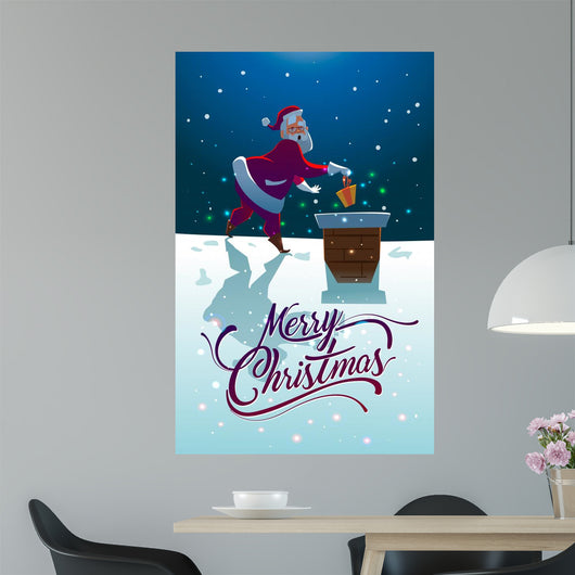 Santa with gift on the roof. Merry Christmas Wall Mural