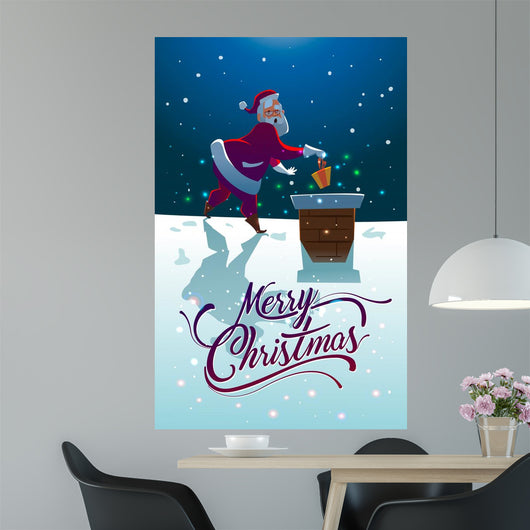 Santa with gift on the roof. Merry Christmas Wall Mural