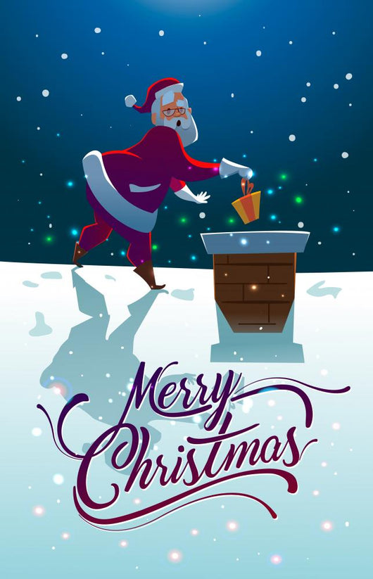 Santa with gift on the roof. Merry Christmas Wall Mural
