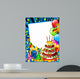 Happy birhday card with a chocolate cake and funny hats (blue) Wall Mural