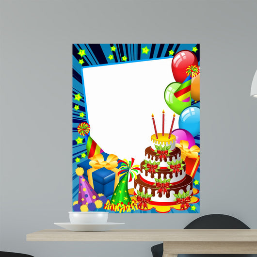Happy birhday card with a chocolate cake and funny hats (blue) Wall Mural