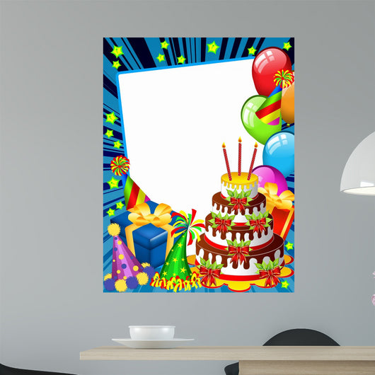 Happy birhday card with a chocolate cake and funny hats (blue) Wall Mural