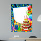 Happy birhday card with a chocolate cake and funny hats (blue) Wall Mural