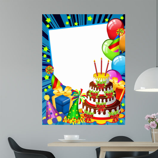 Happy birhday card with a chocolate cake and funny hats (blue) Wall Mural