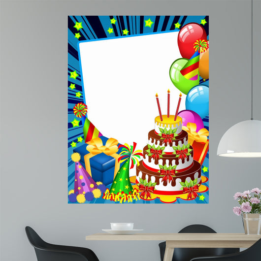 Happy birhday card with a chocolate cake and funny hats (blue) Wall Mural