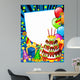Happy birhday card with a chocolate cake and funny hats (blue) Wall Mural