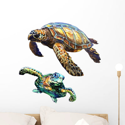 Sea Green Turtle Watercolor Wall Decal Sticker Set shown on a wall