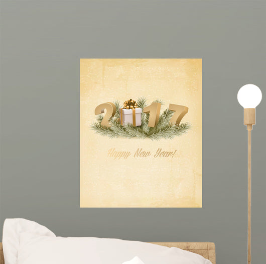 Happy New Year 2017 background with a gift box. Vector. Wall Mural
