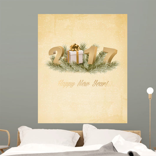 Happy New Year 2017 background with a gift box. Vector. Wall Mural