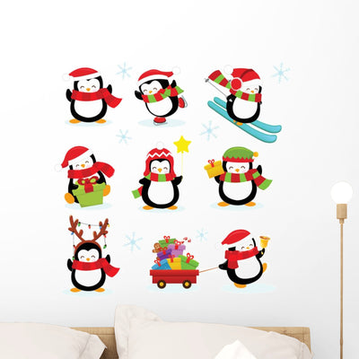 Cute Penguin Set Wall Decal shown on a wall