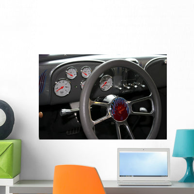 Steering Wheel Hot Rod Wall Mural shown on a wall