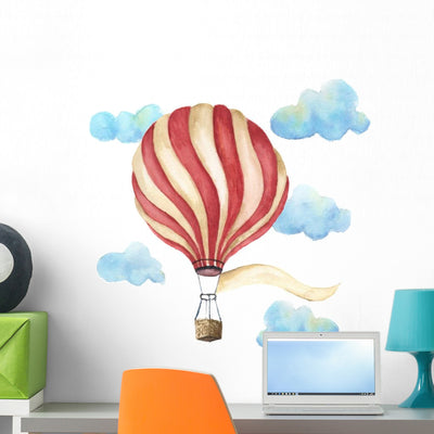 Watercolor Red & White Hot Air Balloon Wall Decal Sticker Set shown on a wall