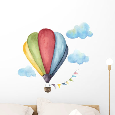 Watercolor Hot Air Balloon Wall Decal Sticker Set shown on a wall