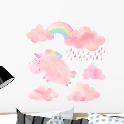 Pink Clouds Watercolor Unicorn Wall Decal Sticker Set shown on a wall