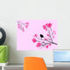 Petit oiseau noir sur branche de cerisier rose et noir sur fond Wall Mural