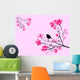 Petit oiseau noir sur branche de cerisier rose et noir sur fond Wall Mural