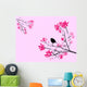 Petit oiseau noir sur branche de cerisier rose et noir sur fond Wall Mural