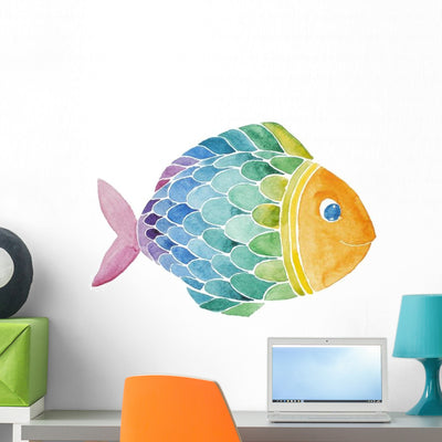 Rainbow Watercolor Fish Wall Decal shown on a wall