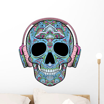 Teal Headphones Sugar Skull Wall Decal shown on a wall