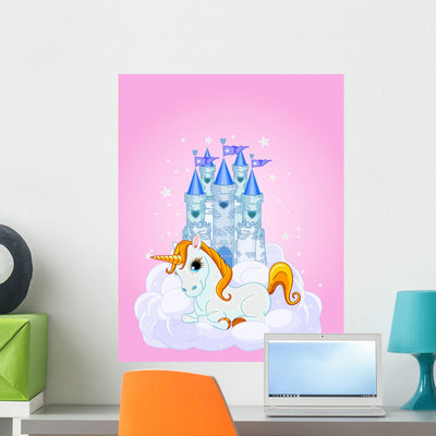 Castle and Unicorn Wall Mural shown on a wall