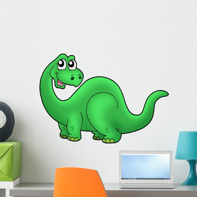 Cute Green Cartoon Dinosaur Wall Decal shown on a wall