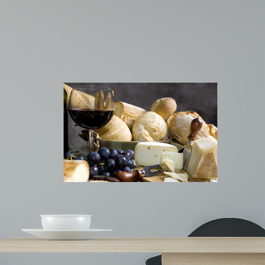 bread and cheese with a glass of wine 3 Wall Mural
