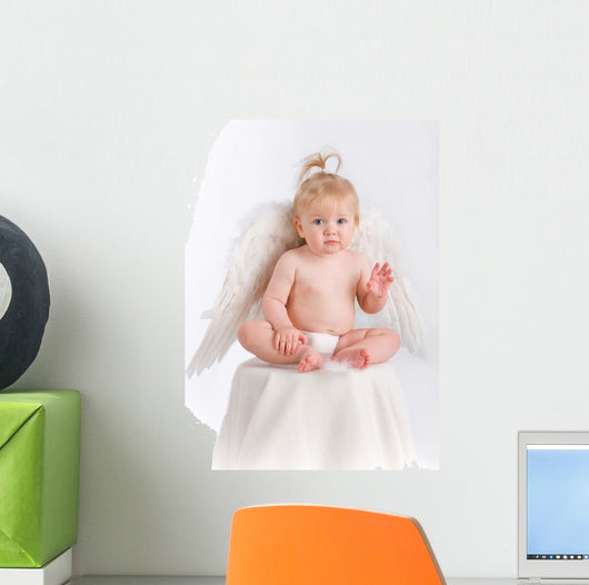 Adorable baby with angel wings on white Wall Decal