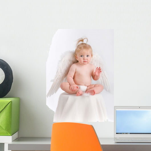 Adorable baby with angel wings on white Wall Decal