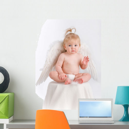Adorable baby with angel wings on white Wall Decal