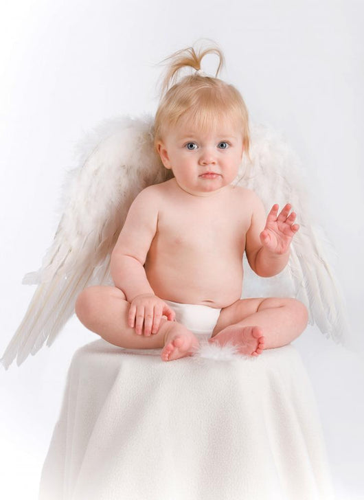Adorable baby with angel wings on white Wall Decal