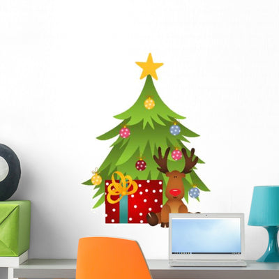 Cute Reindeer with Christmas Wall Decal shown on a wall
