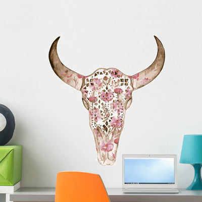 Watercolor Bull Skull Peony Wall Decal shown on a wall