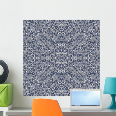 Beige Blue Arabic Mandala Wall Decal shown on a wall