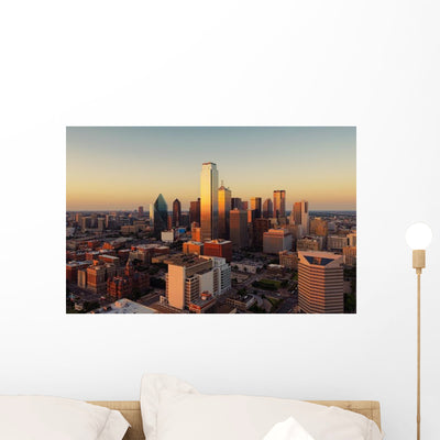 Dallas Texas Cityscape Sunset Wall Decal shown on a wall