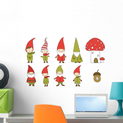 Cartoon Elves Garden Gnomes Wall Decal Sticker Set shown on a wall