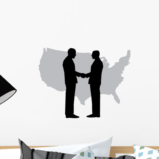 A silhouette of men handshaking with map of USA Wall Decal