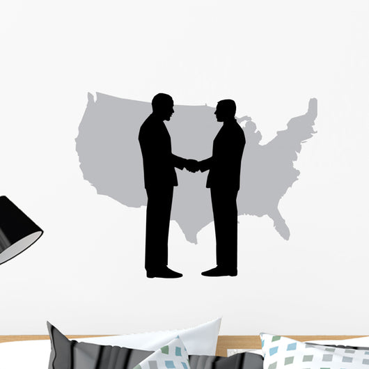 A silhouette of men handshaking with map of USA Wall Decal