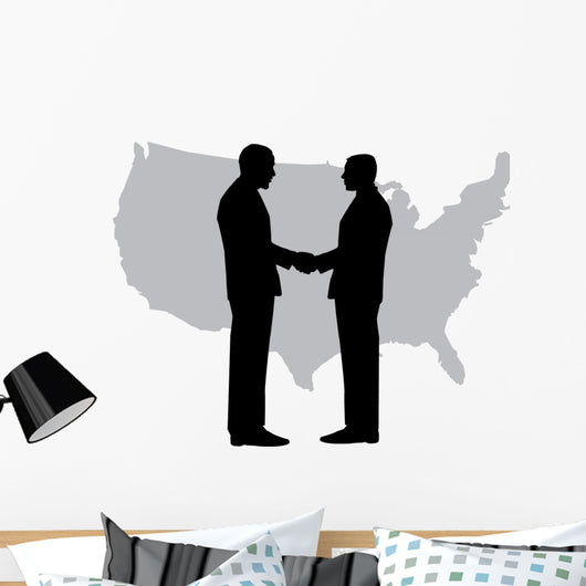 A silhouette of men handshaking with map of USA Wall Decal