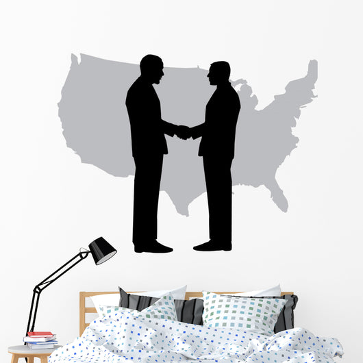 A silhouette of men handshaking with map of USA Wall Decal
