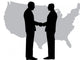 A silhouette of men handshaking with map of USA Wall Decal