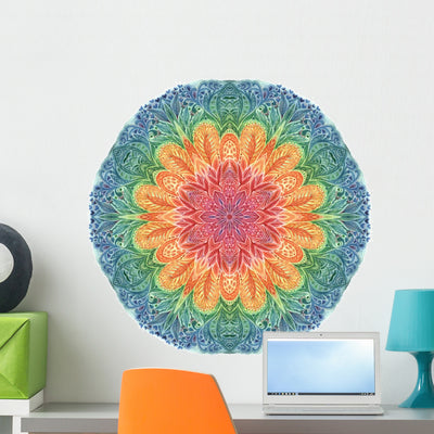 Watercolor Rainbow Mandala Wall Decal shown on a wall