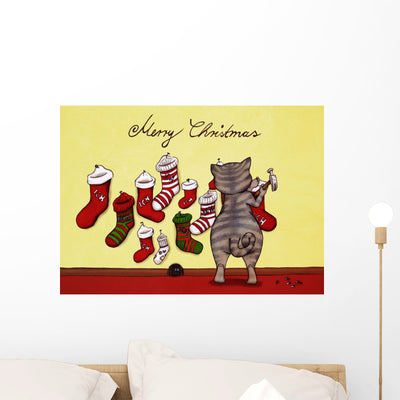 Merry Christmas Cat Wall Mural shown on a wall