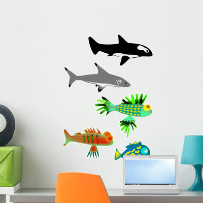 Set 5 Fishes Wall Stickers Wall Decal shown on a wall